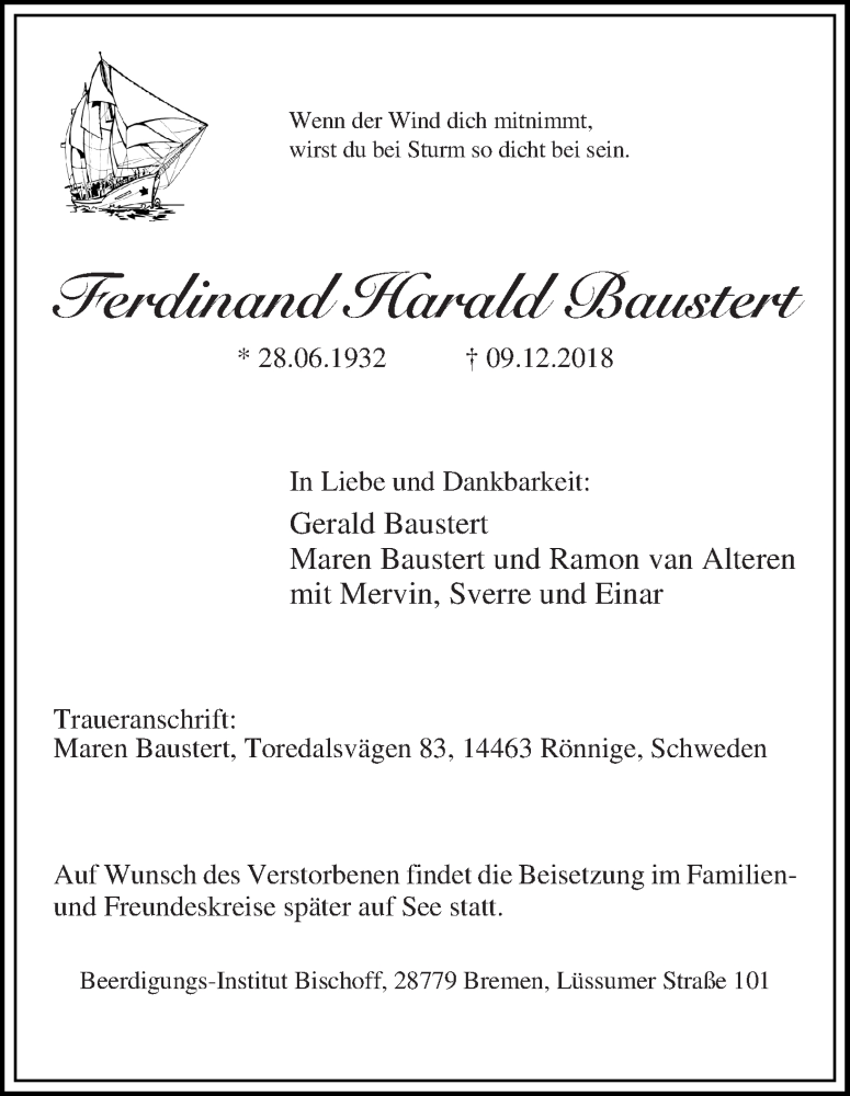 Traueranzeige von Ferdinand Harald Baustert von Die Norddeutsche