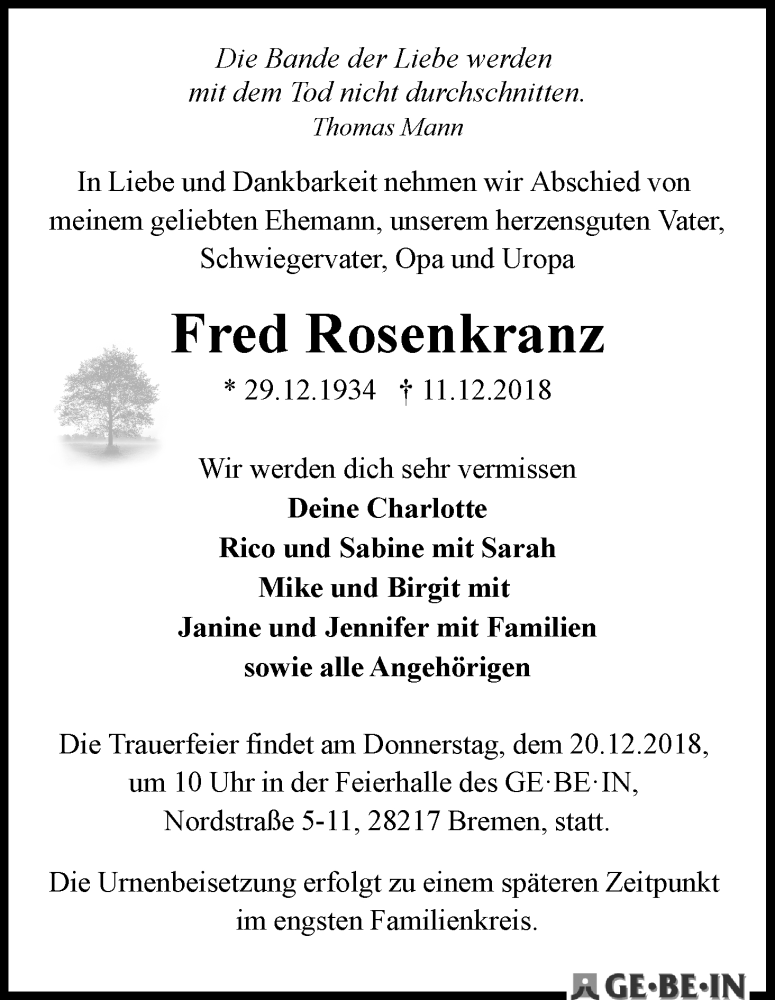 Traueranzeige von Fred Rosenkranz von WESER-KURIER