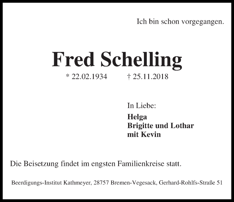 Traueranzeige von Fred Schelling von Die Norddeutsche