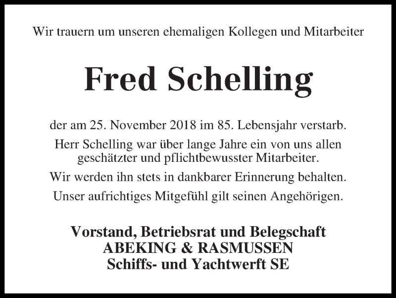 Traueranzeige von Fred Schelling von Die Norddeutsche