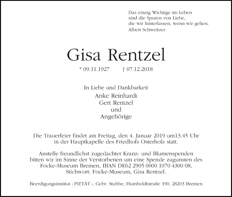 Traueranzeige von Gisa Rentzel von WESER-KURIER