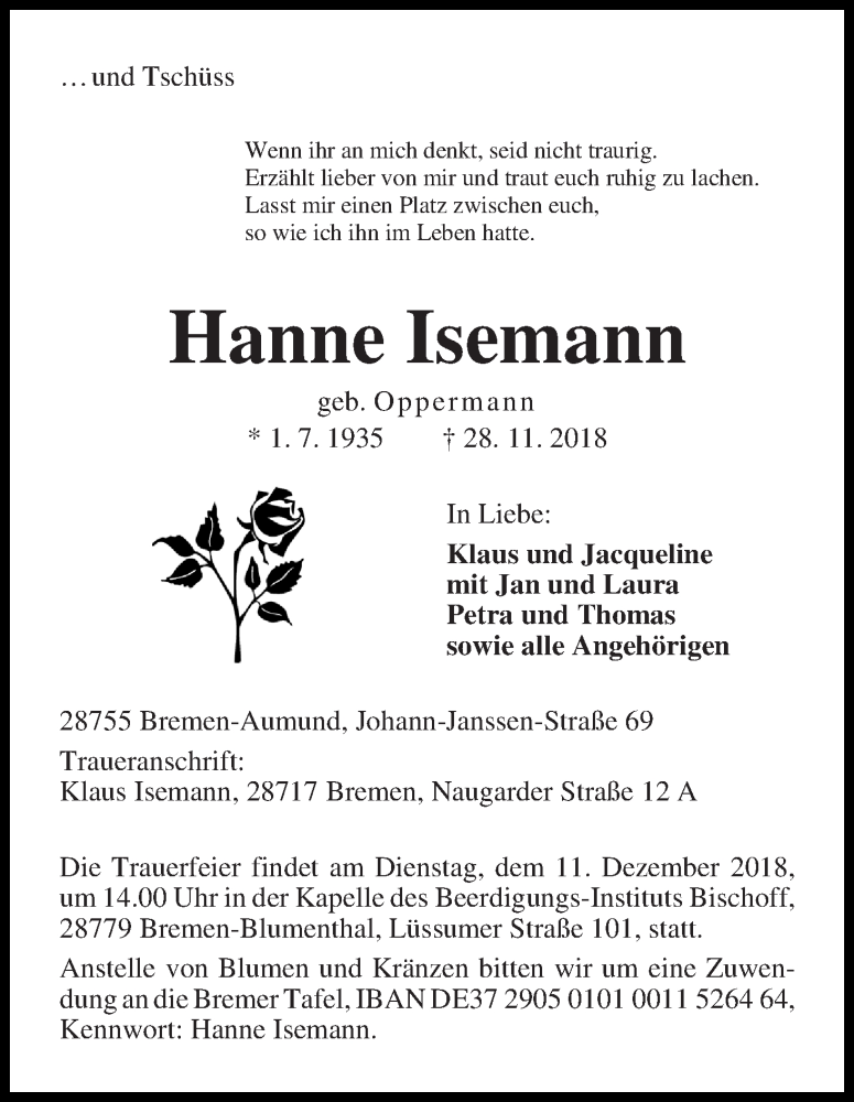 Traueranzeige von Hanna Isemann von Die Norddeutsche