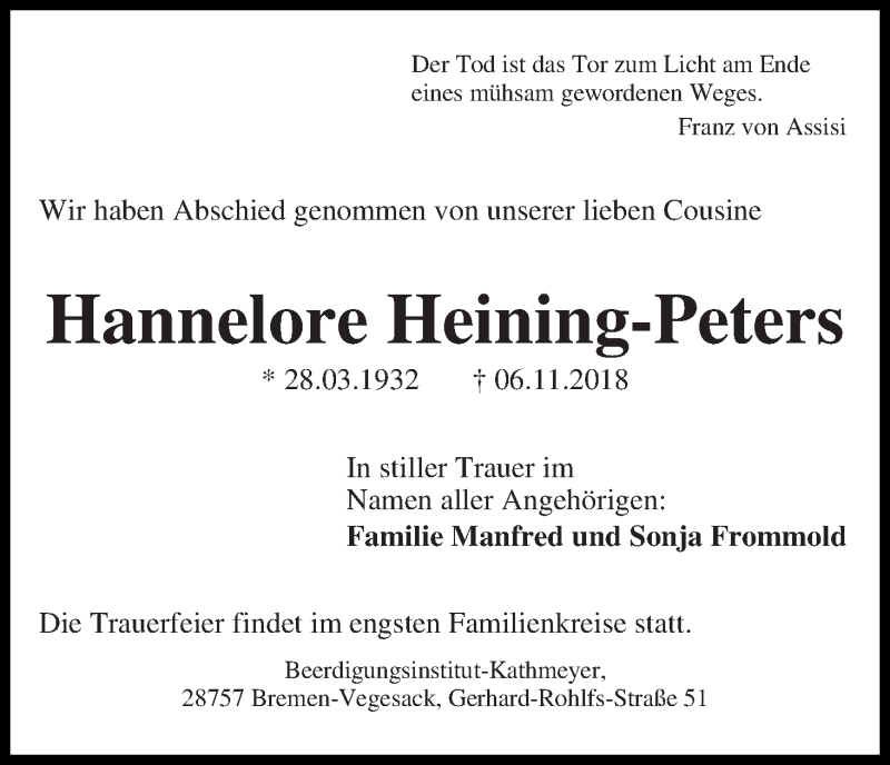 Traueranzeige von Hannelore Heining-Peters von WESER-KURIER