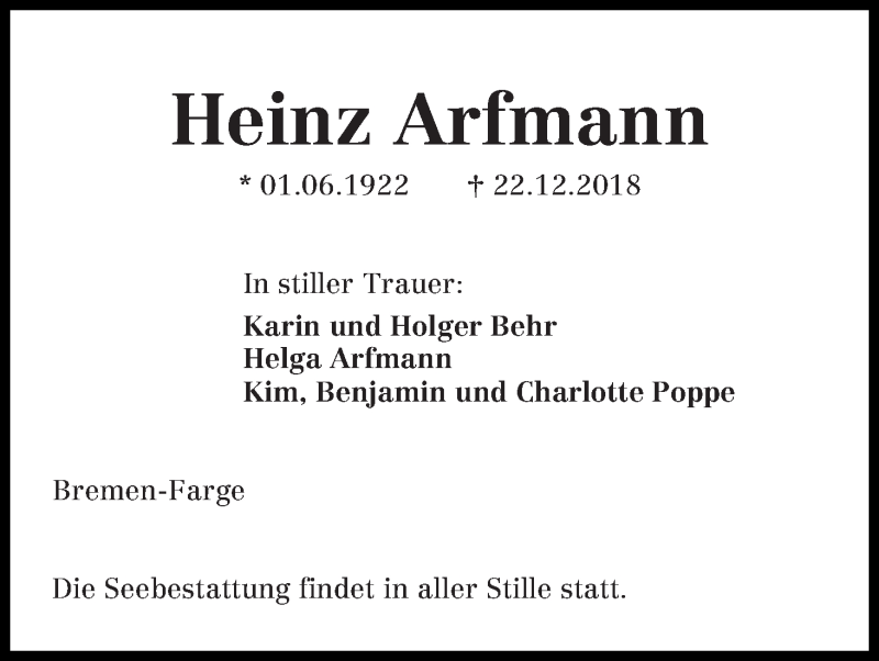 Traueranzeige von Heinz Arfmann von Die Norddeutsche