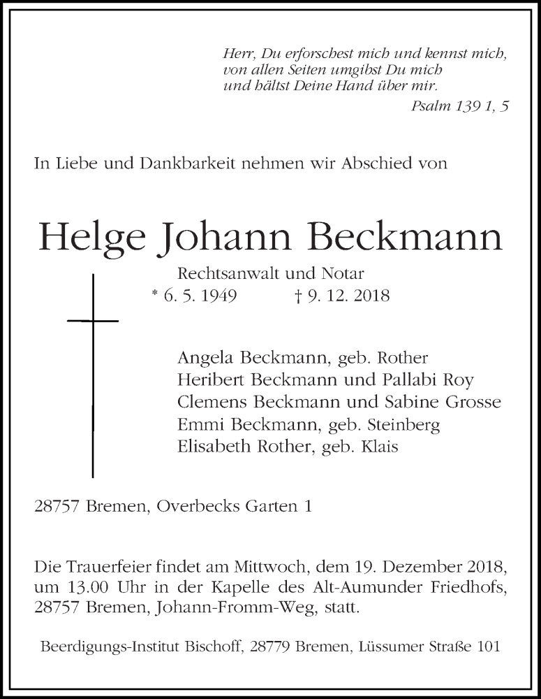 Traueranzeige von Helge Johann Beckmann von Die Norddeutsche