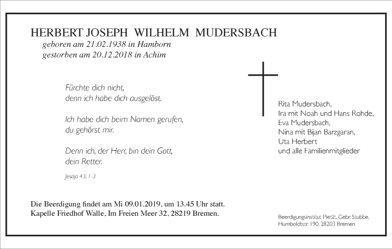 Traueranzeige von Herbert Joseph Wilhelm Mudersbach von WESER-KURIER
