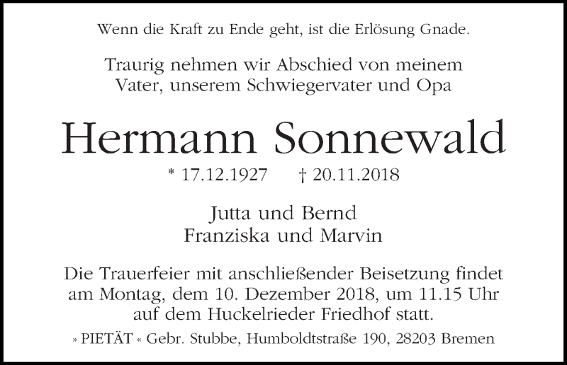 Traueranzeige von Hermann Sonnewald von WESER-KURIER