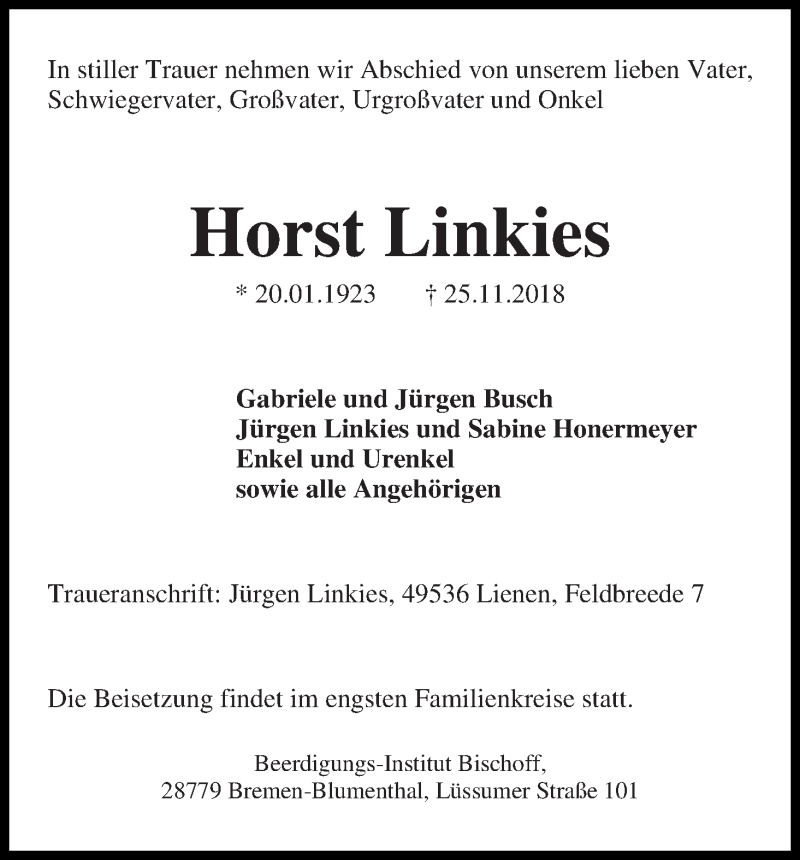 Traueranzeige von Horst Linkies von Die Norddeutsche