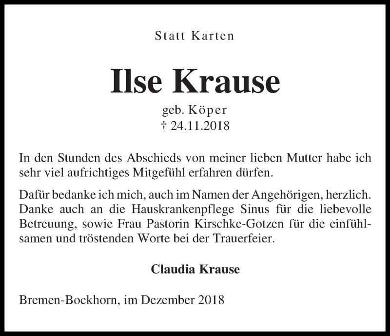 Traueranzeige von Ilse Krause von Die Norddeutsche