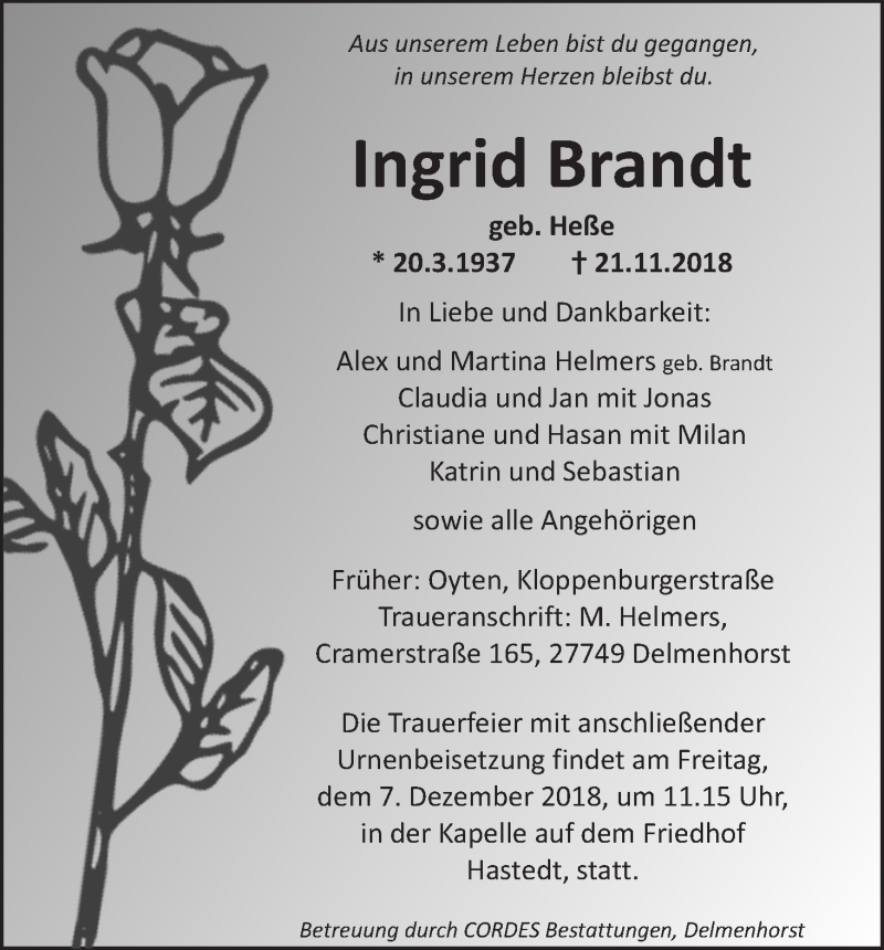 Traueranzeige von Ingrid Brandt von WESER-KURIER