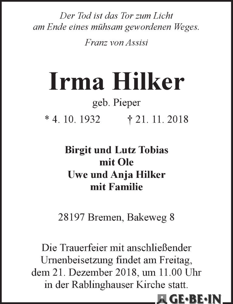 Traueranzeige von Irma Hilker von WESER-KURIER