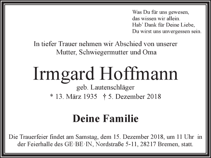 Traueranzeige von Irmgard Hoffmann von WESER-KURIER
