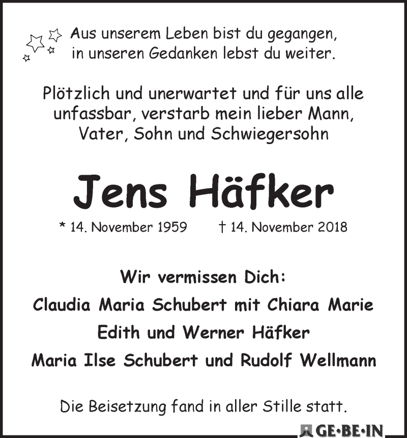 Traueranzeige von Jens Häfker von WESER-KURIER