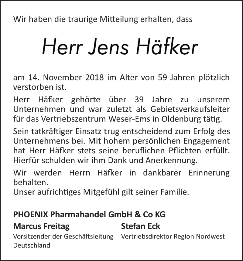 Traueranzeige von Jens Häfker von WESER-KURIER