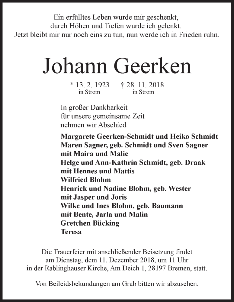 Traueranzeige von Johann Geerken von WESER-KURIER