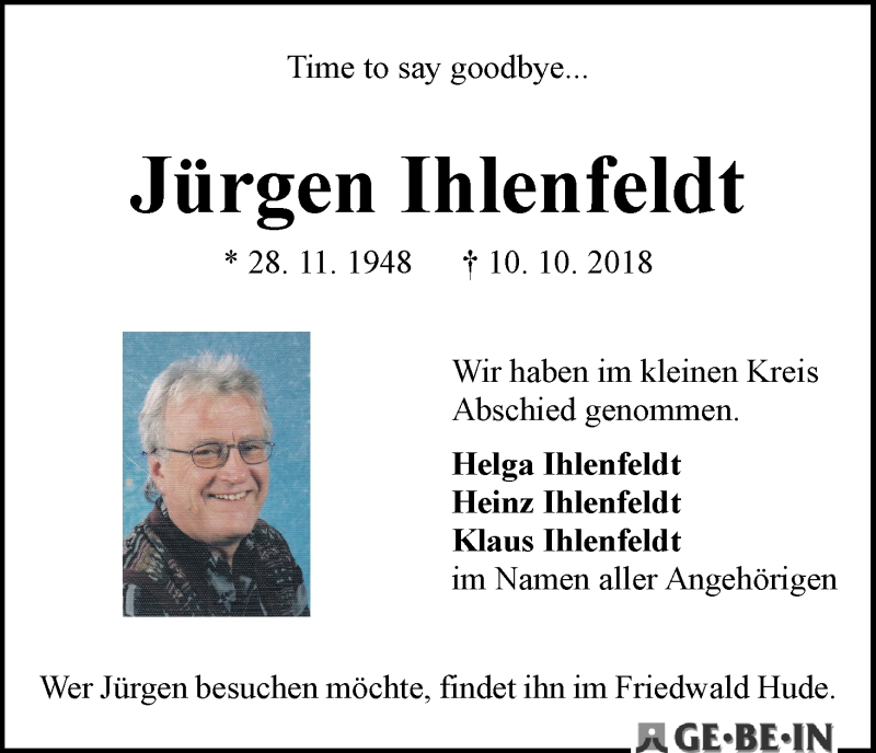 Traueranzeige von Jürgen Ihlenfeldt von WESER-KURIER