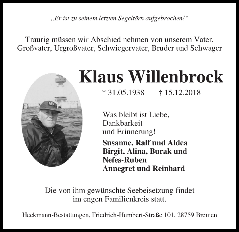Traueranzeige von Klaus Willenbrock von Die Norddeutsche