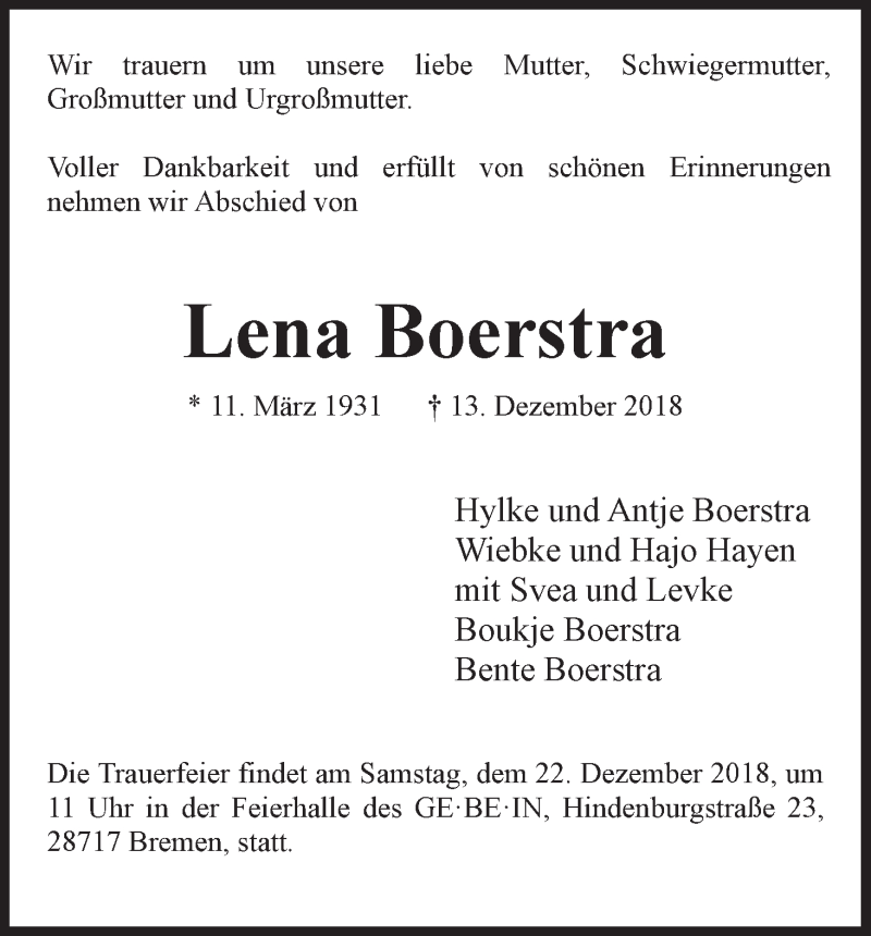 Traueranzeige von Lena Boerstra von WESER-KURIER