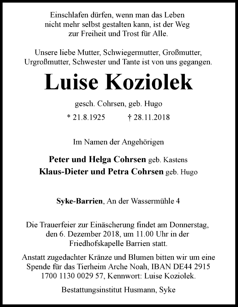 Traueranzeige von Luise Koziolek von WESER-KURIER