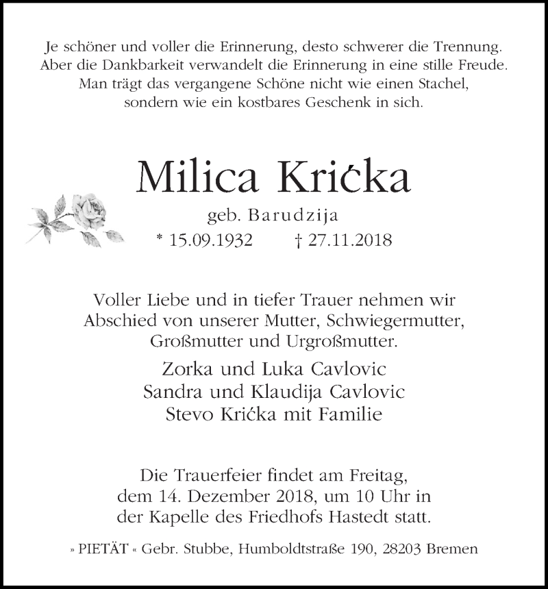 Traueranzeige von Milica Kricka von WESER-KURIER