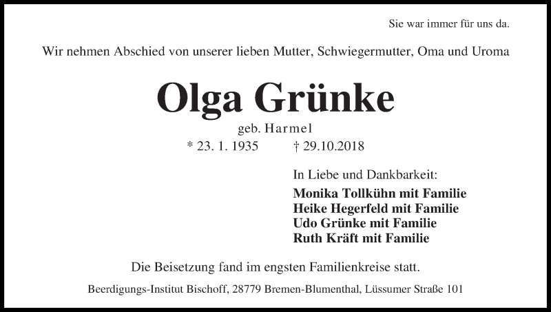 Traueranzeige von Olga Grünke von Die Norddeutsche