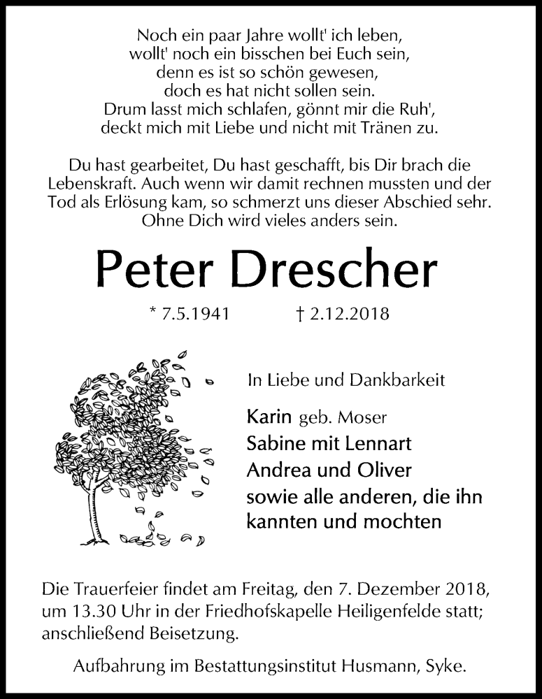 Traueranzeige von Peter Drescher von WESER-KURIER