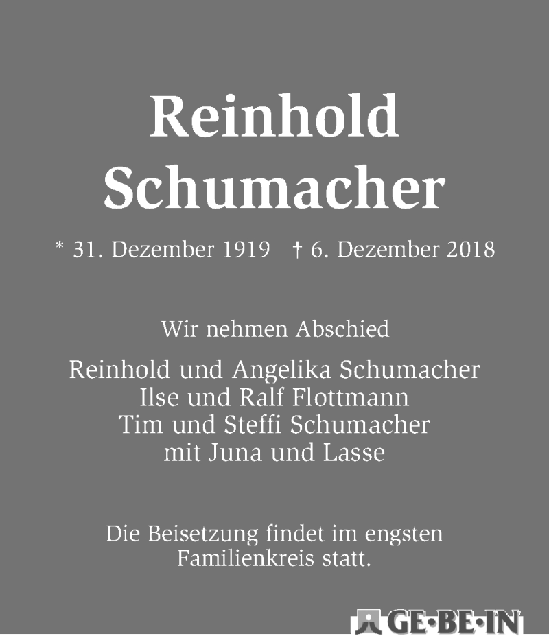 Traueranzeige von Reinhold Schumacher von WESER-KURIER