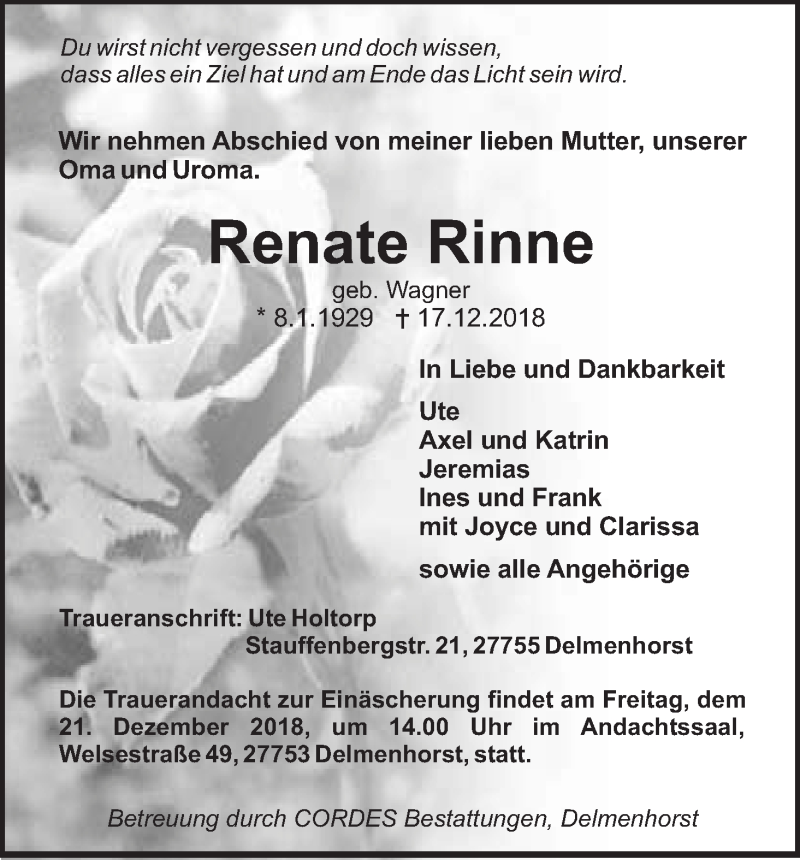 Traueranzeige von Renate Rinne von WESER-KURIER