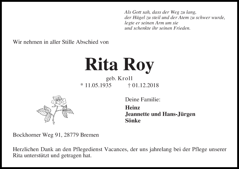Traueranzeige von Rita Roy von Die Norddeutsche