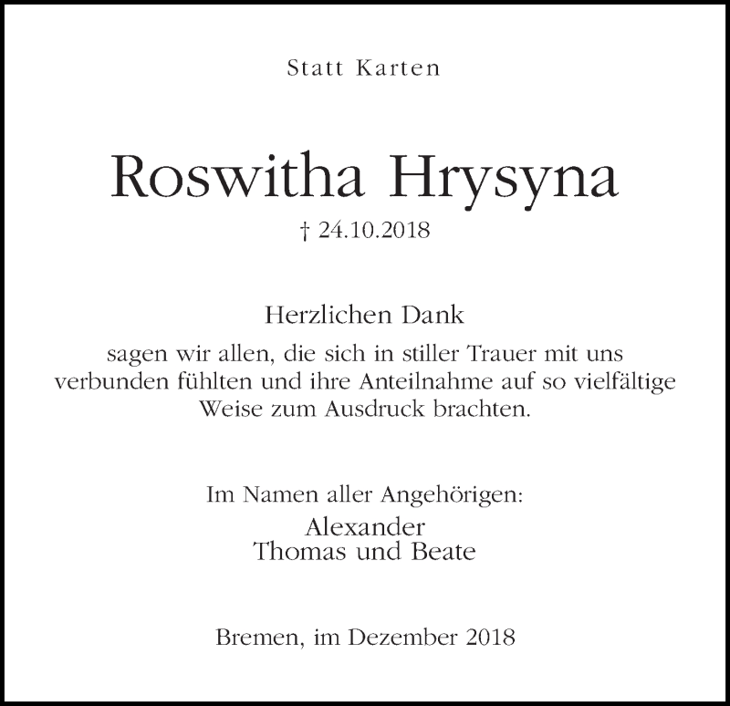 Traueranzeige von Roswitha Hrysyna von WESER-KURIER
