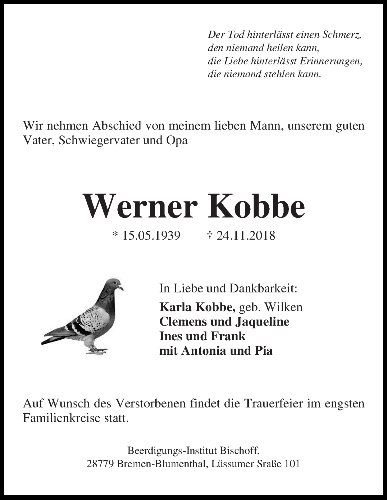 Traueranzeige von Werner Kobbe von Die Norddeutsche