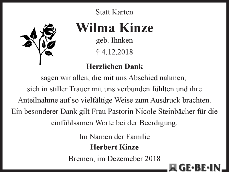 Traueranzeige von Wilma Kinze von WESER-KURIER
