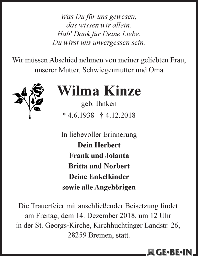 Traueranzeige von Wilma Kinze von WESER-KURIER