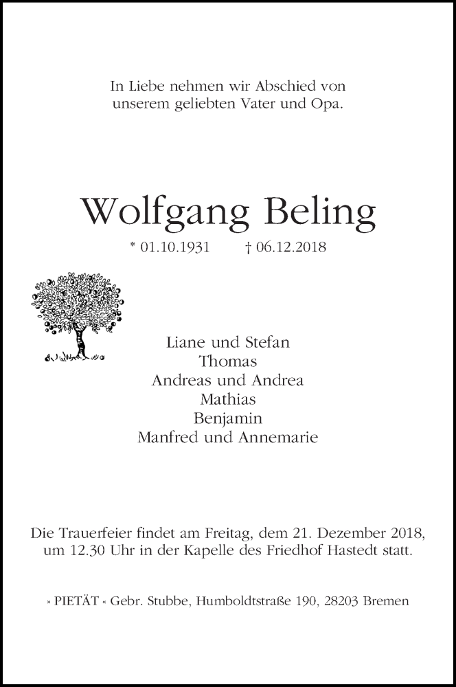 Traueranzeige von Wolfgang Beling von WESER-KURIER