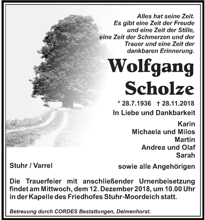 Traueranzeige von Wolfgang Scholze von WESER-KURIER