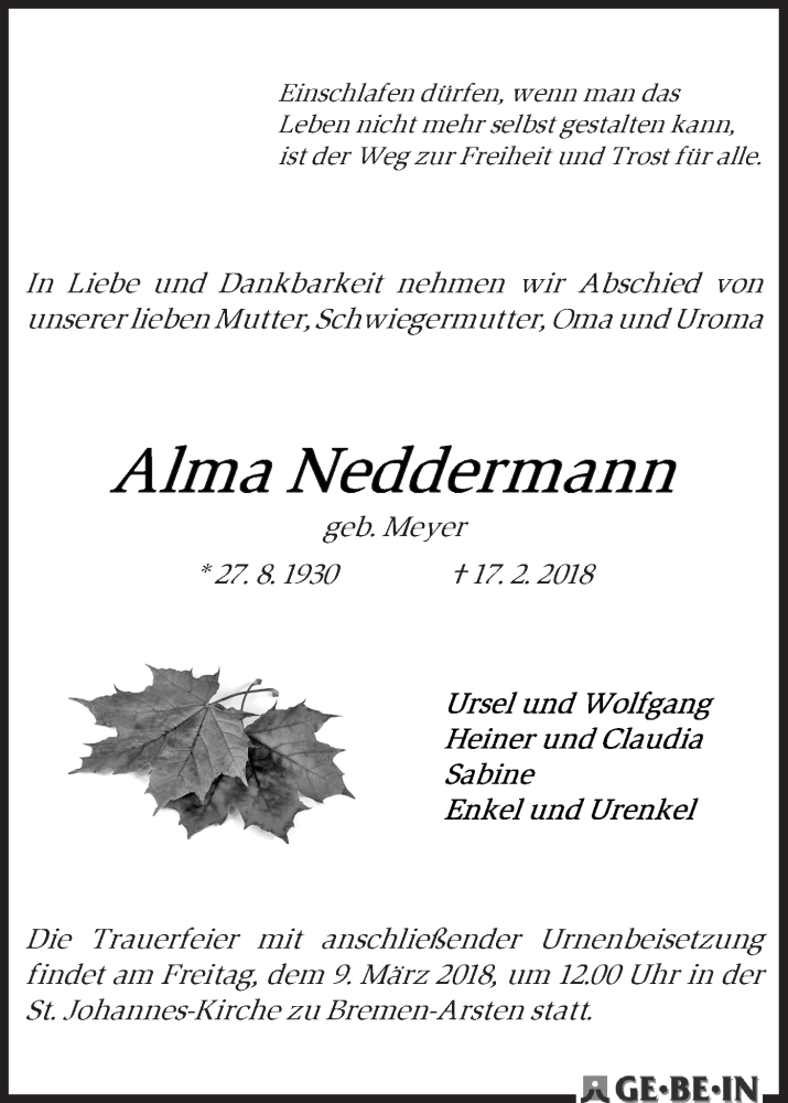 Traueranzeige von Alma Neddermann von WESER-KURIER