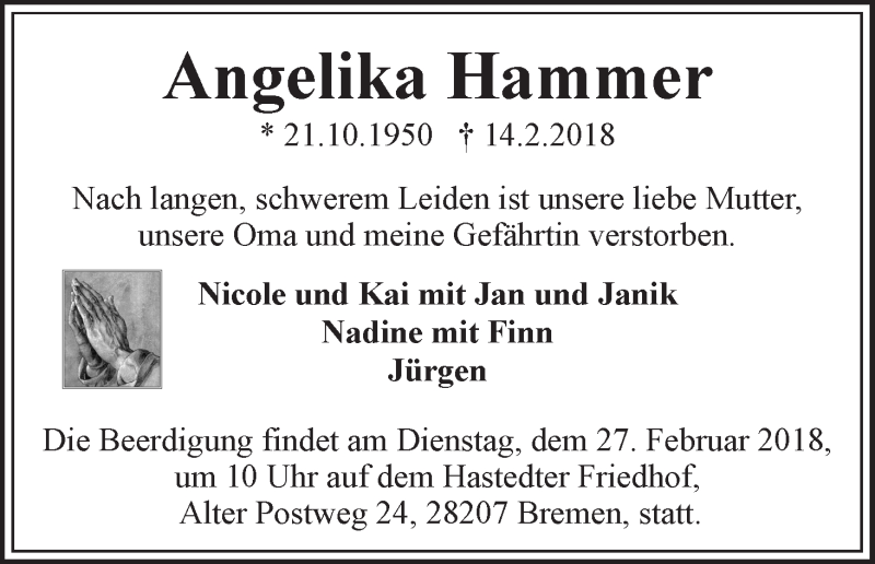 Traueranzeige von Angelika Hammer von WESER-KURIER