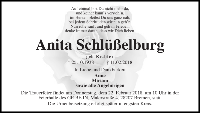 Traueranzeige von Anita Schlüßelburg von WESER-KURIER