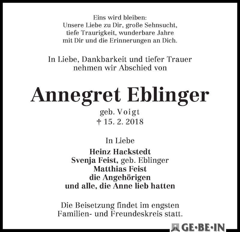 Traueranzeige von Annegret Eblinger von WESER-KURIER