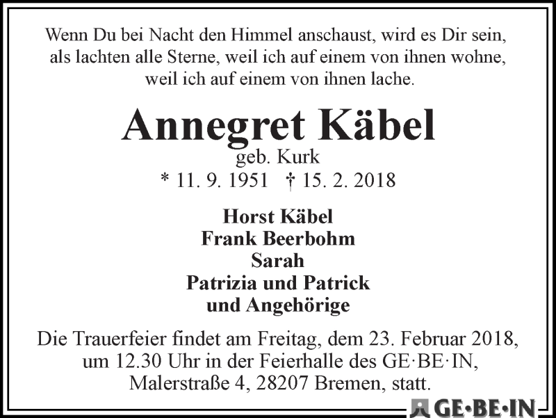 Traueranzeige von Annegret Käbel von WESER-KURIER