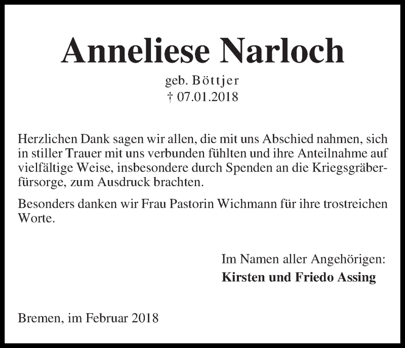 Traueranzeige von Anneliese Narloch von Die Norddeutsche