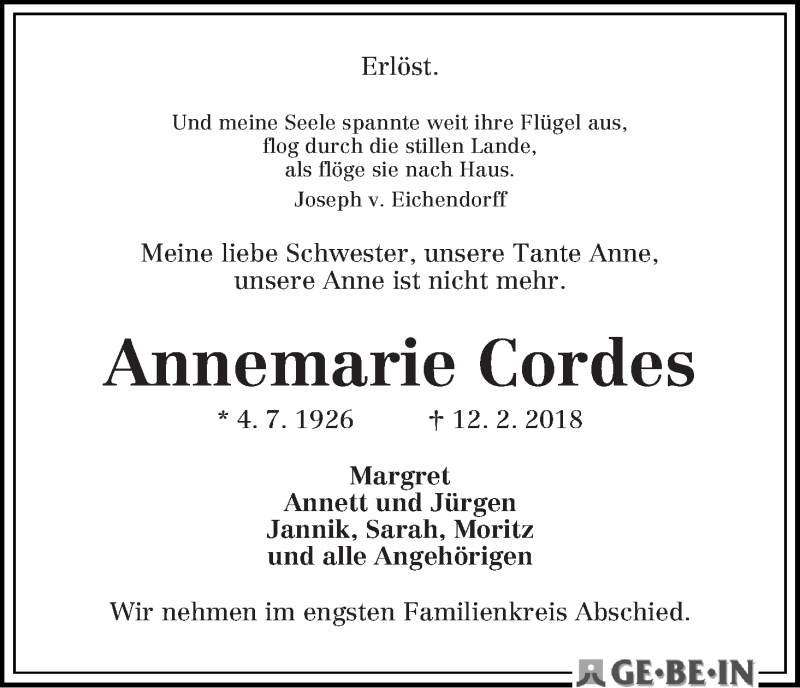 Traueranzeige von Annemarie Cordes von WESER-KURIER