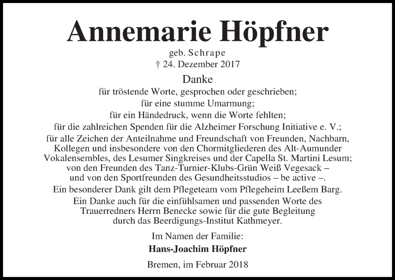 Traueranzeige von Annemarie Höpfner von Die Norddeutsche