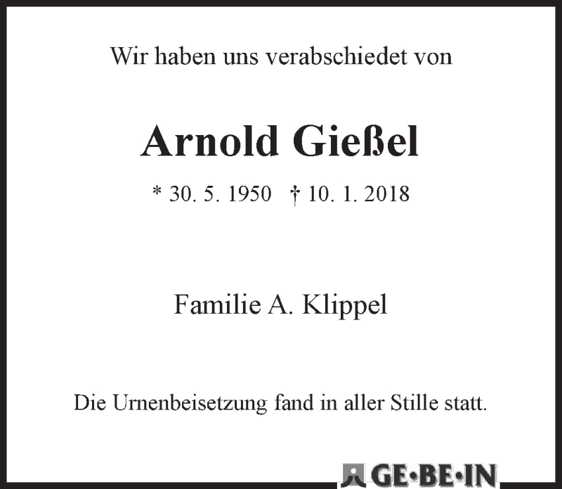 Traueranzeige von Arnold Gießel von WESER-KURIER