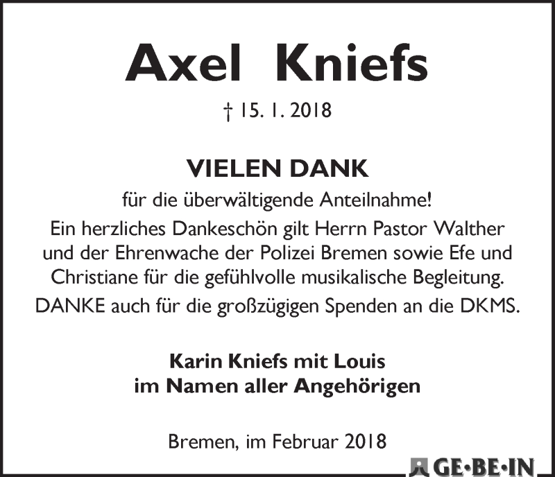 Traueranzeige von Axel Kniefs von WESER-KURIER