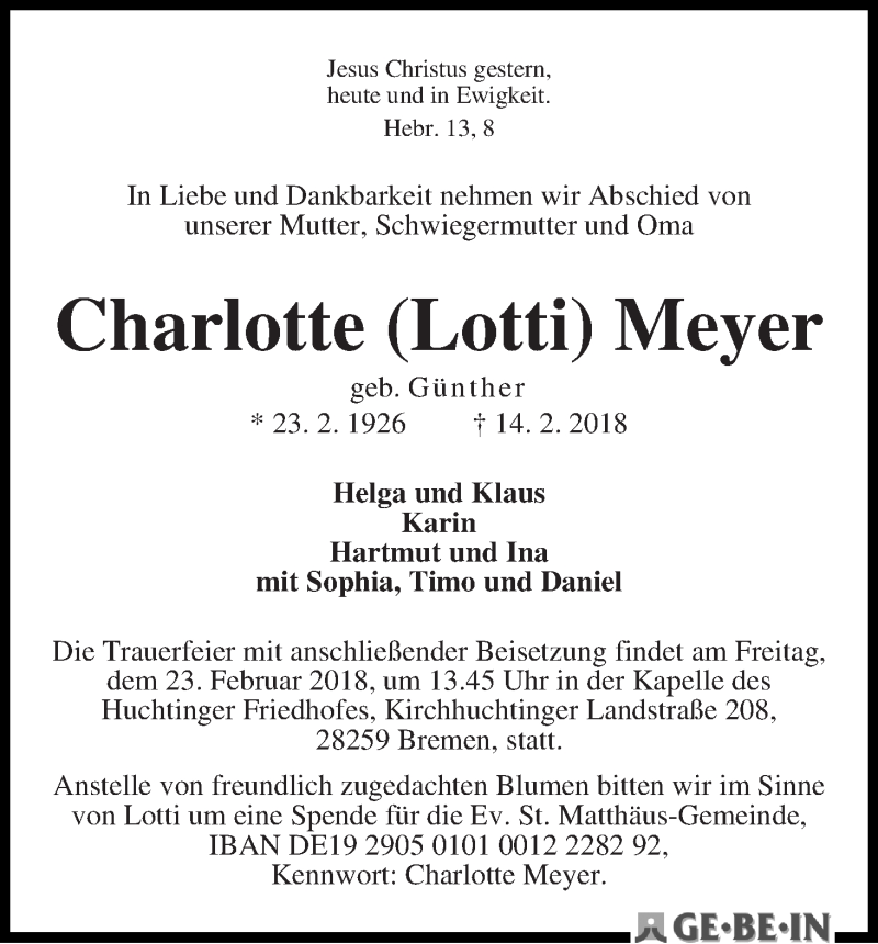 Traueranzeige von Charlotte (Lotti) Meyer von WESER-KURIER