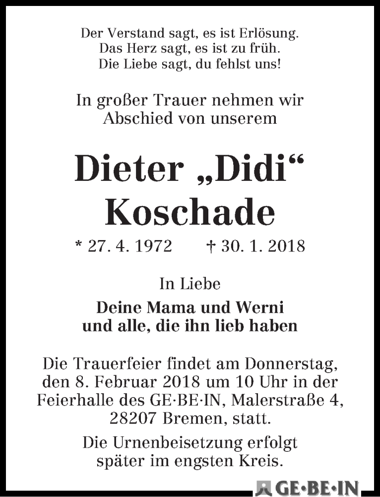 Traueranzeige von Dieter Koschade von WESER-KURIER