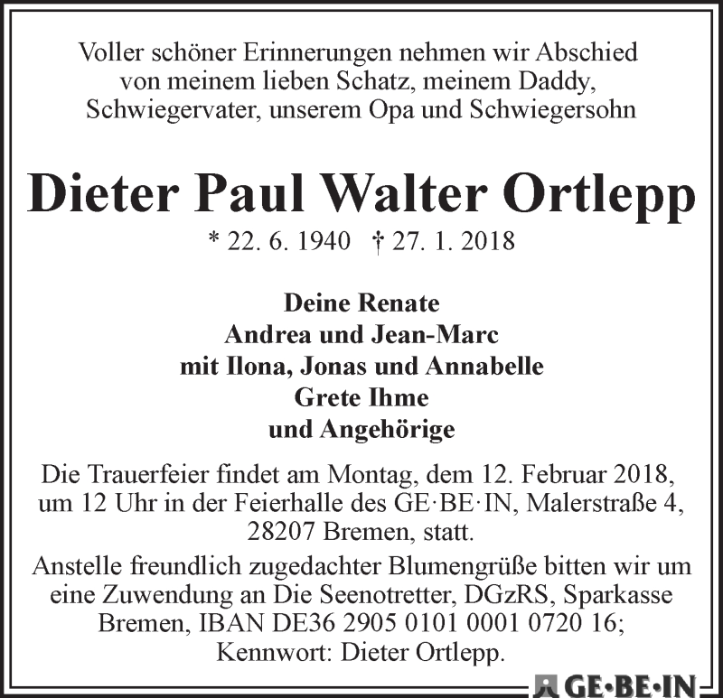 Traueranzeige von Dieter Paul Walter Ortlepp von WESER-KURIER