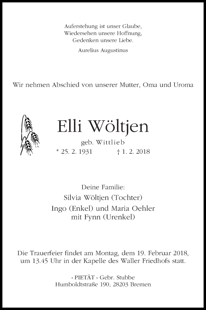 Traueranzeige von Elli Wöltjen von WESER-KURIER