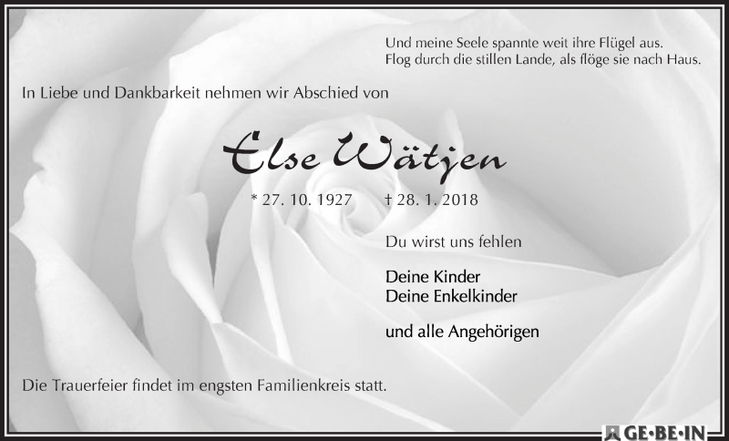 Traueranzeige von Else Wätjen von WESER-KURIER